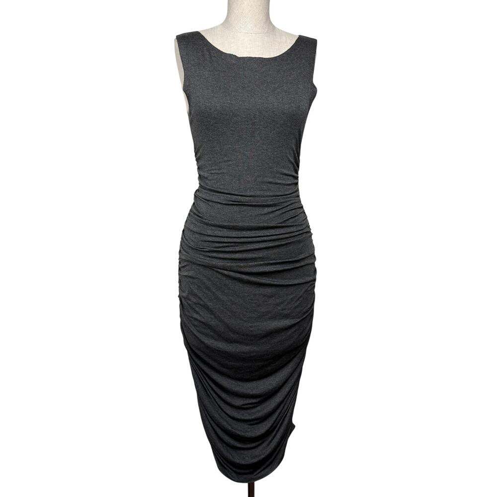 Norma Kamali Ruched Side Sleeveless Midi Knit Jersey Dress Gray Minimalist Sz XS - Picture 3 of 9